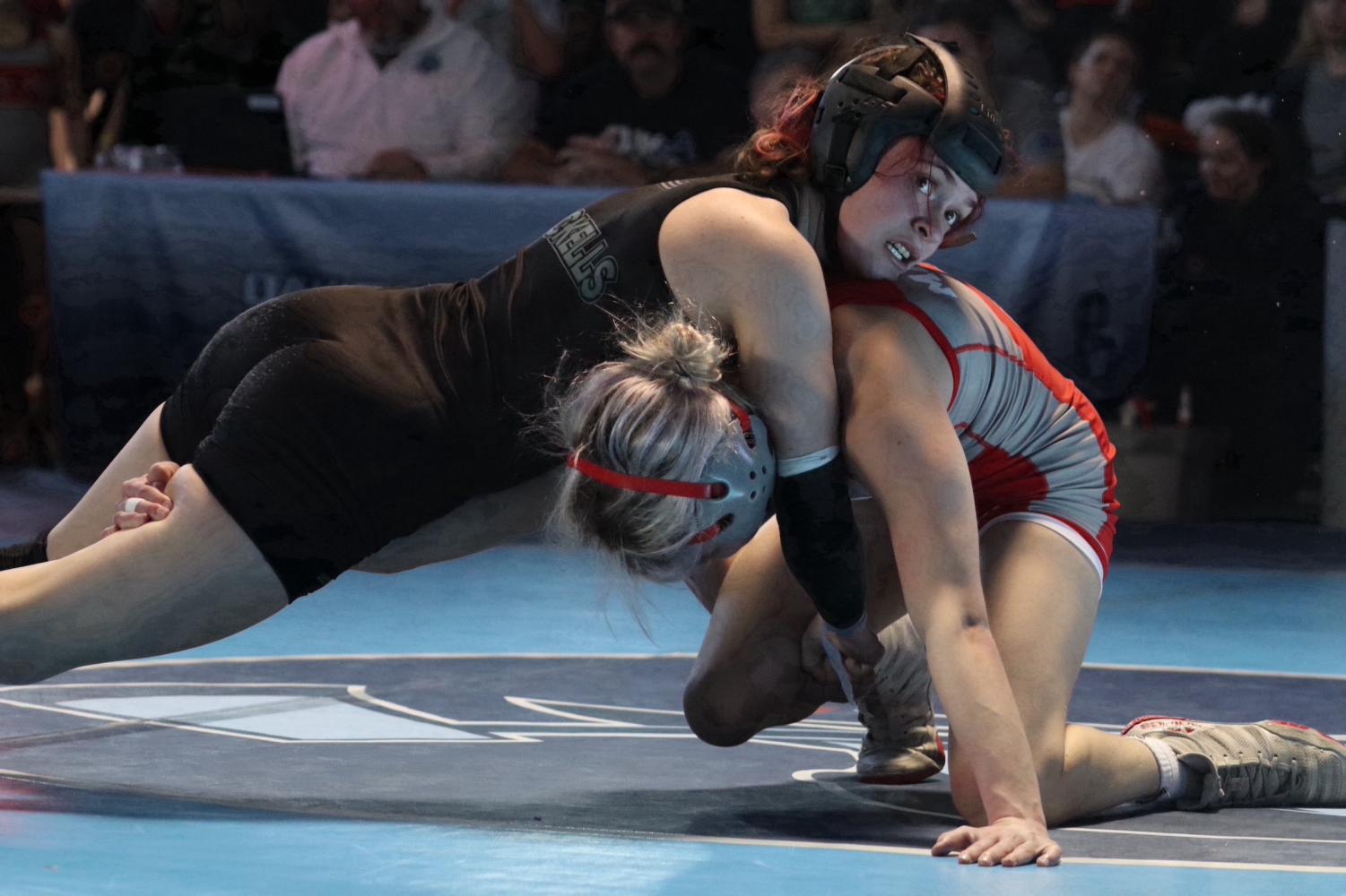 Senior Chloe Sheckells wrestles senior Aiva Mayer from Carrollton High School during the MSHSAA Girls District 4 Tournament Feb. 5. Sheckells won the match at Oak Park High School. 