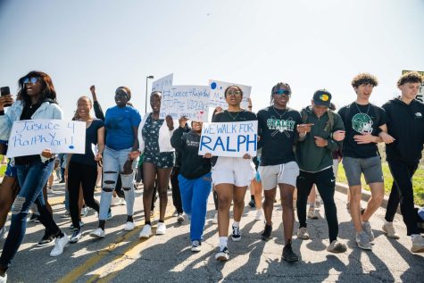 Students show their support for junior Ralph Yarl by participating in a “unity walk” April 18. Yarl was shot twice on April 13 when he accidentally went to the wrong house, attempting to pick up his siblings. “I’m really proud of our student body for coming out to support Ralph,” said senior Cayla Palmer, the president of Staley’s Black Student Union, the group who planned the walk. “At the end of the day, this whole unity walk is for Ralph, to support our fellow Falcon. We stand with him and support him.”