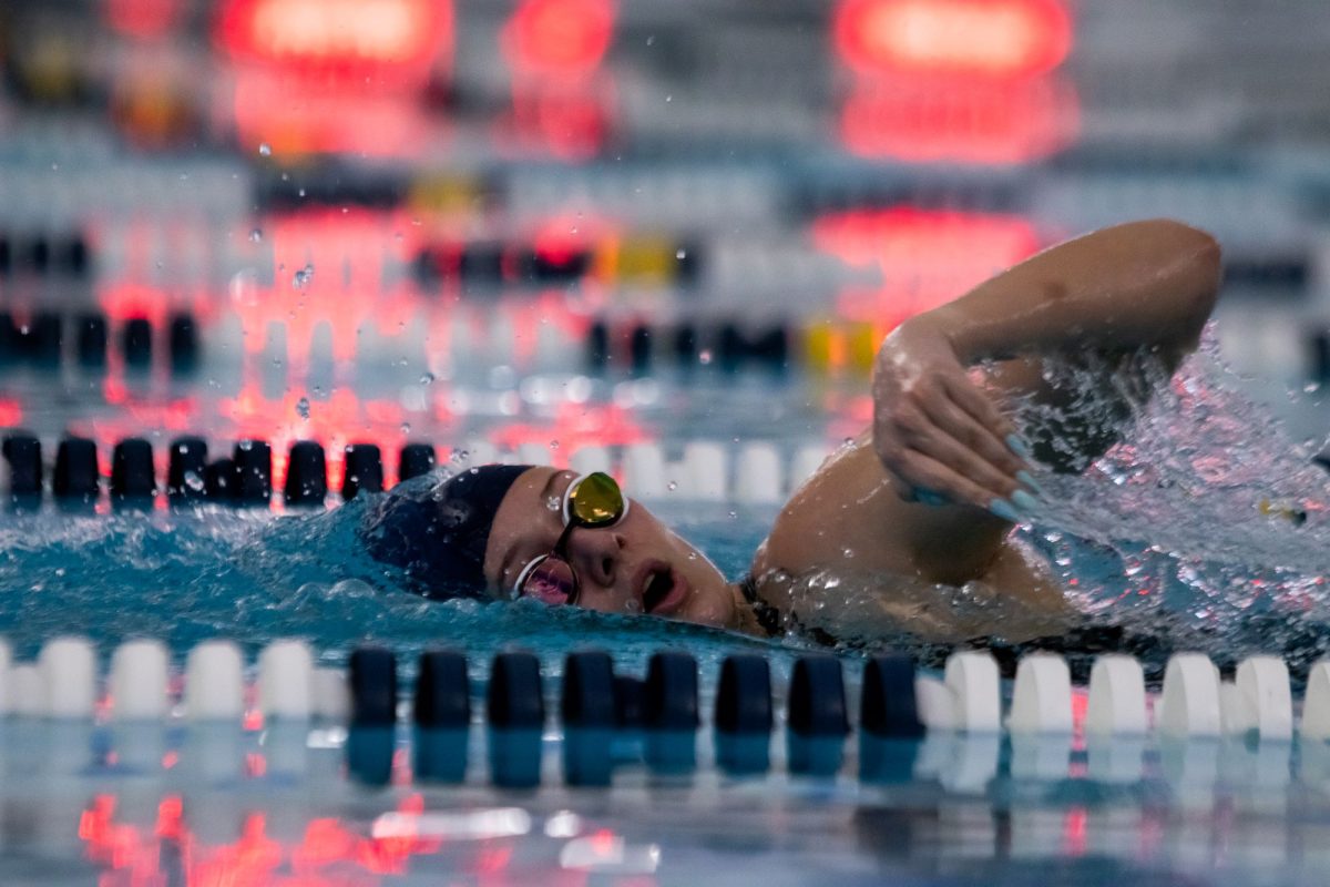 AGAINST YOURSELF: Mary-Jane Fleming (11) swims the 500 freestyle event during the City of Roses Invitational in Cape Girardeau. "The most challenging thing about the 500 is being in the water against yourself. The 500 is a long race and during that it's you and your mind." Fleming said, "You're mentally trying to push yourself at times that you want to go slower or don't want to keep going. It's a big mental game that you have to be willing to play."